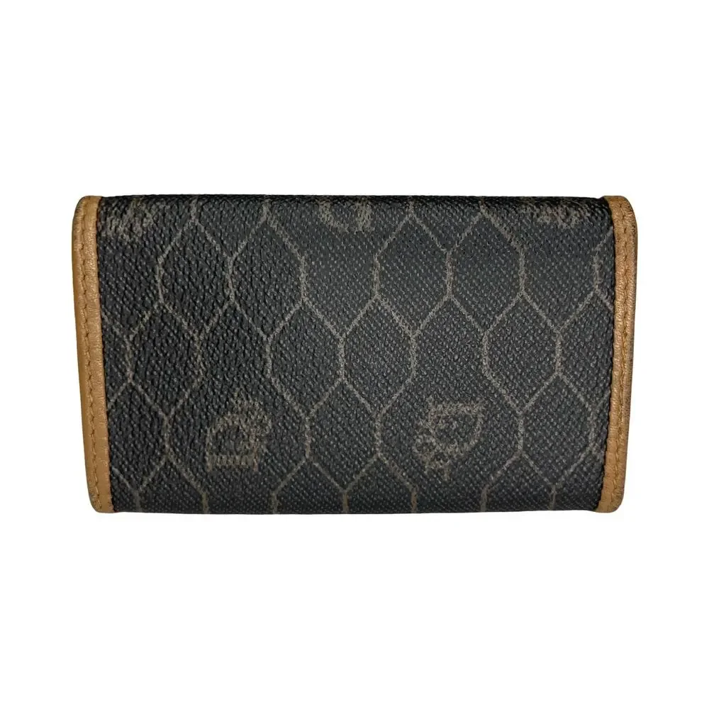 Christian Dior Vintage Honeycomb Key Case Brown Trim Gold Plaque Made in Spain